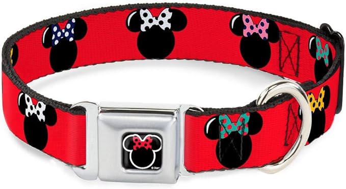Buckle-Down Seatbelt Buckle Dog Collar - Minnie Mouse Silhouette Red/Black/Polka Dot - 1" Wide - Fits 9-15" Neck - Small