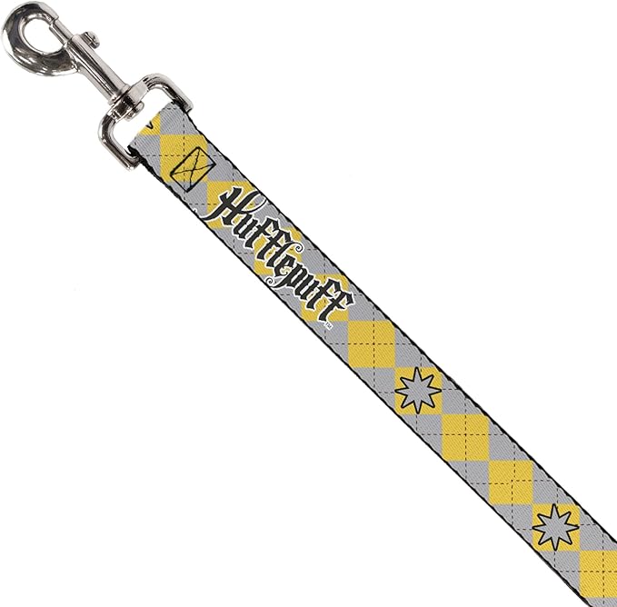 Warner Bros. Pet Leash, Dog Leash, Harry Potter Hufflepuff Stars Argyle Plaid Gray Gold Browns, 4 Feet Long 1.5 Inch Wide