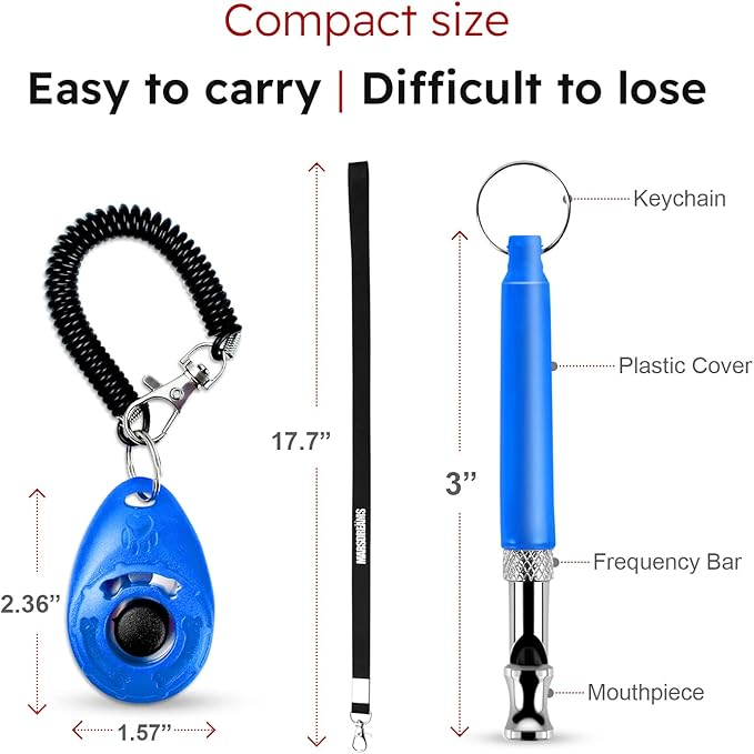 Pet Training Clicker, Whistle -Training Behaviour Aids Accessories for Puppies with Lanyard - Barking Control Device - Long Range Adjustable Frequency - Pack of 3 - Blue