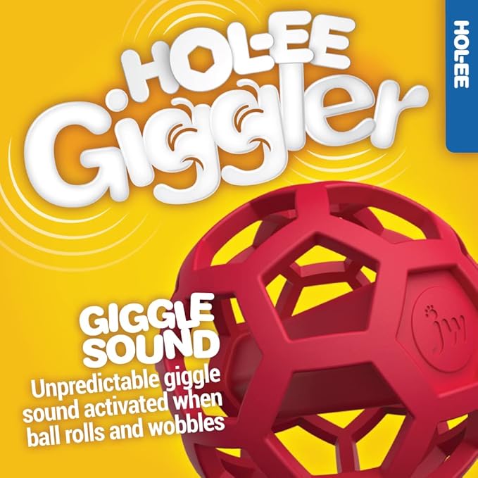 JW Pet Hol-ee Giggler Dog Toy Puzzle Ball, Natural Rubber, Medium (4.5 Inch Diameter), Red