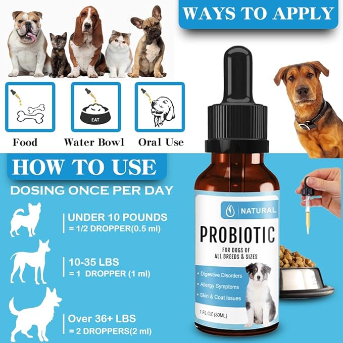 Probiotic for Dogs, Probiotic Drops for Dogs with Digestive Enzymes, Probiotics for Dogs Digestive Health, Diarrhea & Upset Stomach Relief + Gas, Constipation, and Allergy Relief.