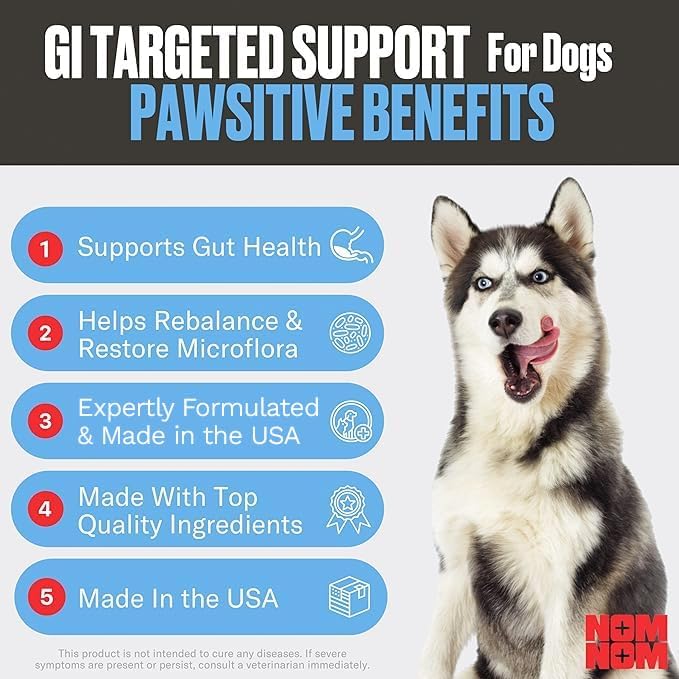 Nom Nom Dog GI-Targeted Probiotic Support - with Prebiotic Fiber, Inulin, and Saccharomyces boulardii - Gut Health Dog Probiotics for Gastrointestinal and Stomach Relief (GI Powder)