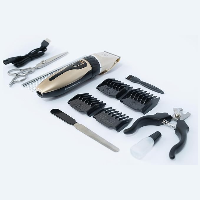 Dog Clippers for Grooming | 12 Pcs Set | Low Noise | Rechargeable | Professional Dog Grooming Kit | Dog Grooming Clippers (Gold with LED Display)