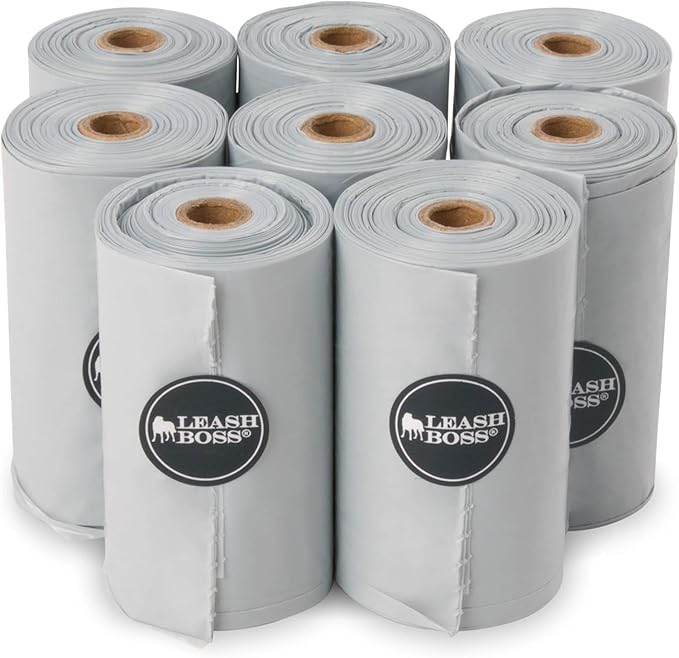 Leashboss Dog Poop Bags - 120 Bags, 8 Rolls Unscented Leak Proof Waste Bag Rolls (Gray, 8 Rolls)