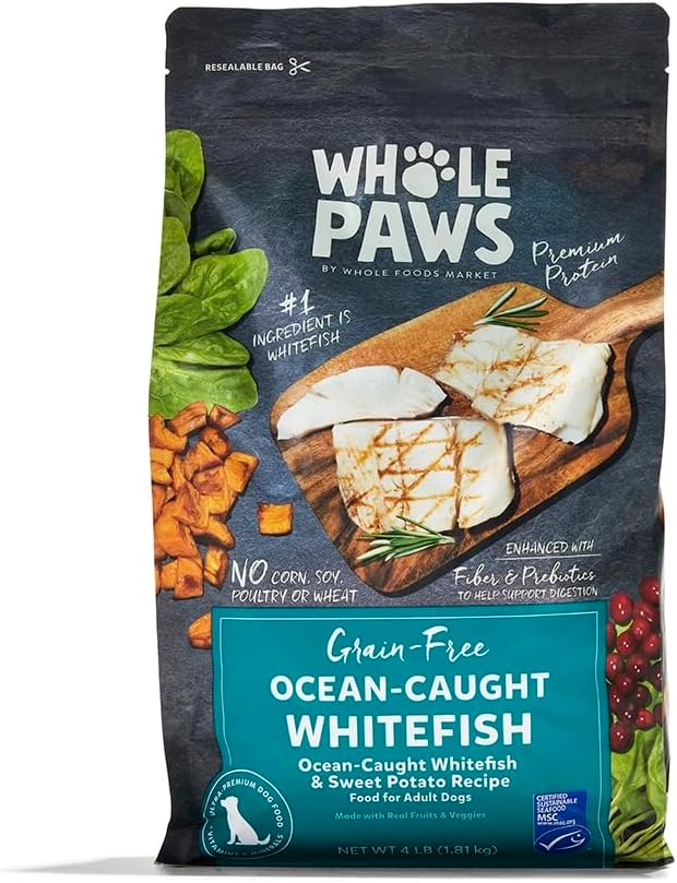 Whole Paws by Whole Foods Market, Grain-Free Adult Dog Food, Ocean-Caught Whitefish & Sweet Potato Recipe, 4 Pound
