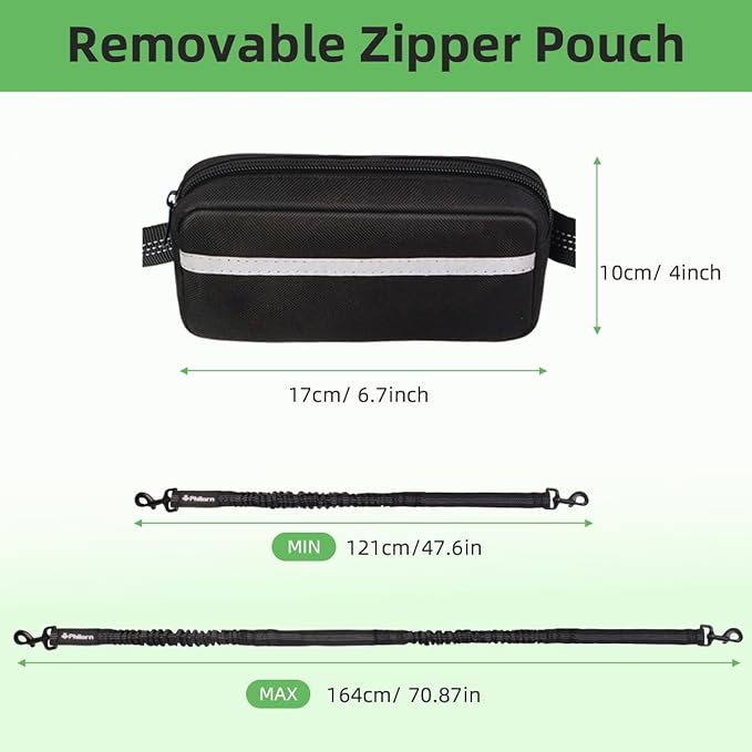 Philorn Hands Free Dog Leash with Pouch, Adjustable Waist Leash for Dog Walking, Running Leash for Medium Large dogs, Waist Dog Leash with Dual Handles and Durable Bungee for Jogging Hiking (Black)