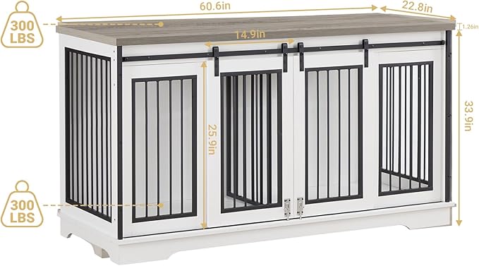 61'' Double Dog Crate Furniture for 2 Dogs, Large Double Dog Kennel Furniture TV Stand, Heavy Duty Dog Crate, Furniture Style Dog Crate End Table, Wood Crates for Dogs Kennel Indoor