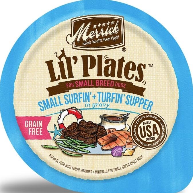 Merrick Lil' Plates Grain-Free Small Breed Wet Dog Food 8 Pack, 3.5 Oz Each, Includes: Texas Steak, Lamb Chop, Pot Pie, Surfin Turfin - Plus Fun Paw Notepad and Sticker (10 Items Total)