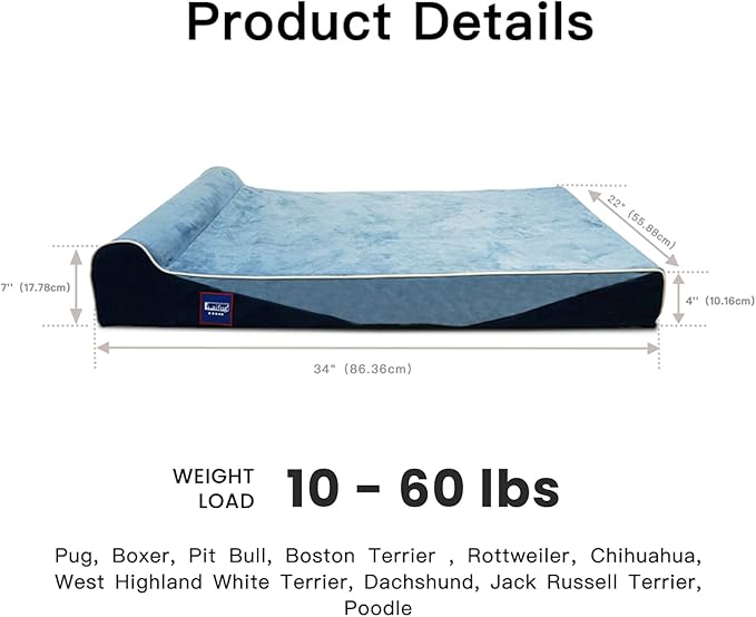 Laifug Orthopedic Memory Foam Dog Bed with Pillow and Durable Water Proof Liner & Removable Washable Cover & Smart Design Medium (34"x22"x7"), Denim Blue