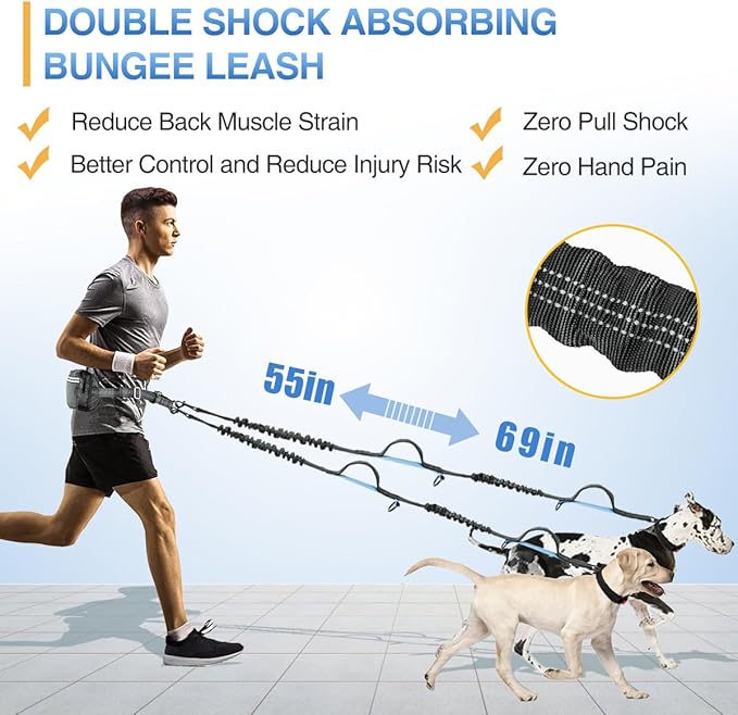 Kytely Hands Free Dog Leash with Zipper Pouch for 2 Dogs, Wide Padded Waist Dog Running Leash, Waist Leash for Dog Walking Dual Padded Handles, Retractable Bungee for Walking Jogging Training Hiking
