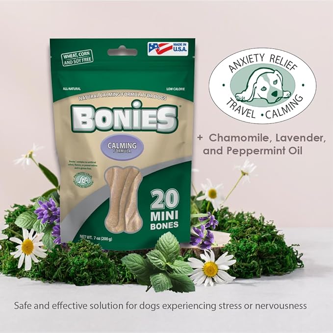Bonies Natural Calming Formula Dog Treats, Contains Chamomile & Lavender, Help Anxiety, Excessive Barking & Trembling, Chicken Flavor, Medium, 8 Bones