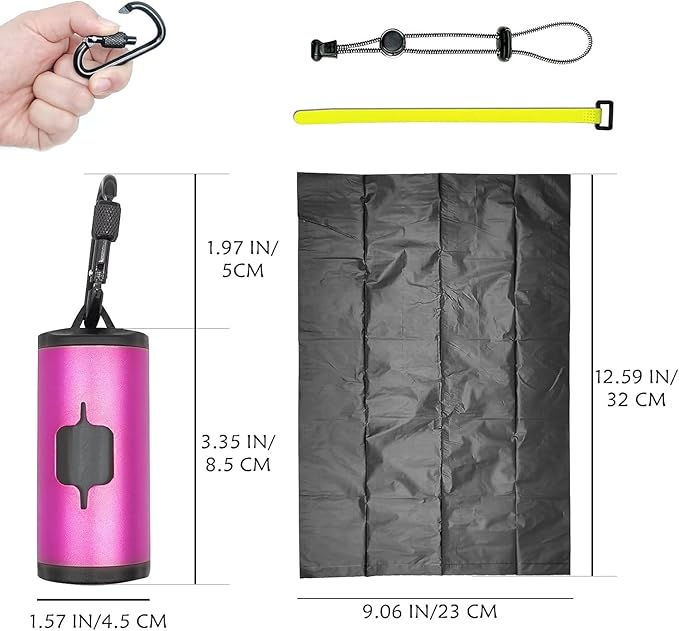 Metal Dog Poop Bags Holder Aluminum Poo Bags Dispenser with 15 Black Unscented Pet Waste Bags and 3 Leash Accessories for Dog Walking(1 Holder 15 Bags,Pink)