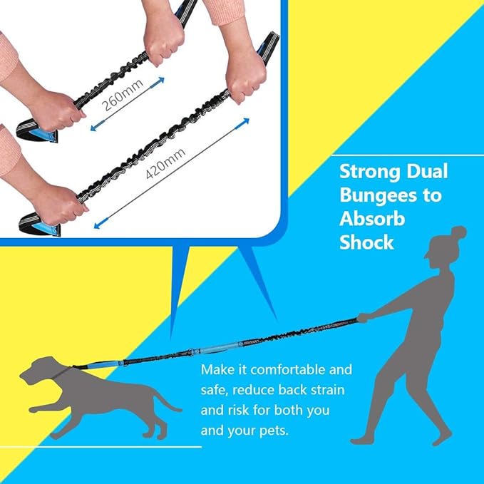 Hands Free Dog Running Leash with Adjustable Waist Belt, Dual Handle Elastic Bungees Retractable Rope for Medium and Large Dogs, Reflective Stitches for Walking Hiking Biking