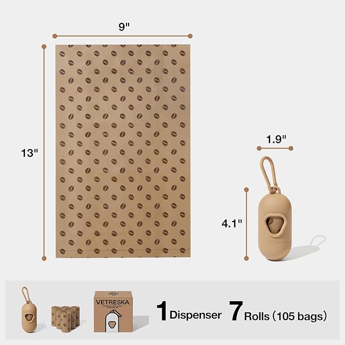 VETRESKA Dog Waste Bag Dispenser with Coffee Scent - Leak Proof, Extra Thick Pet Waste Bags - 1 Bag Holder, 105 Bags (7 Refill Rolls) for Dogs and Cats