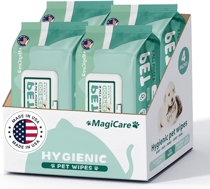 MAGICARE Grooming Wipes for Dogs & Cats - 400 Dog Wipes for Cleaning Paws, Ears and Butt - Unscented Deodorizing Pet Wipes for Dogs with Sensitive Skin - Proudly Made in USA