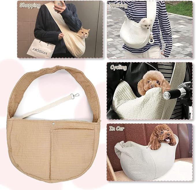NATUYA Small Dog Carrier Sling Dog Sling Carrier for Small Dogs Puppies Cats, Big Pouch Safety Leash Pet Sling Carrier for Walking Outdoor Travel (Brown, Canvas)
