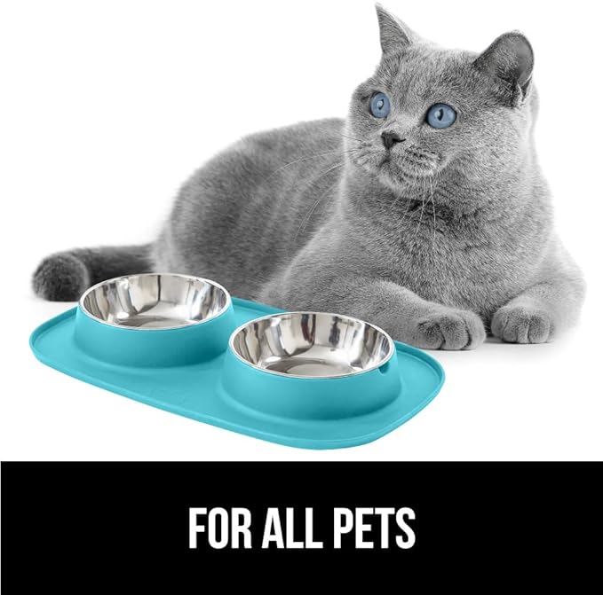Gorilla Grip 100% Waterproof BPA Free Cat and Dog Bowls Silicone Feeding Mat Set, Stainless Steel Bowl Slip Resistant Raised Edges, Catch Water, Food Mess, No Spills, Pet Accessories, 2 Cup, Turquoise