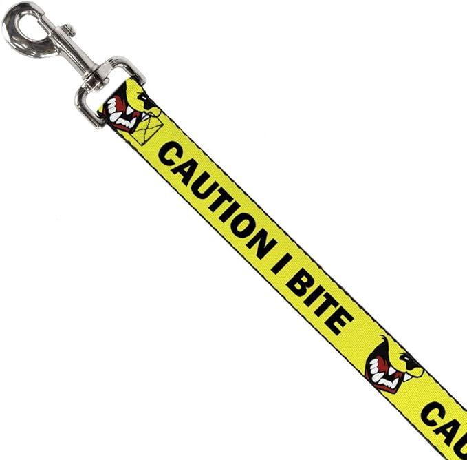 Dog Leash Pet Quote Caution I Bite with Dog Growl Yellow Black 6 Feet Long 0.5 Inch Wide