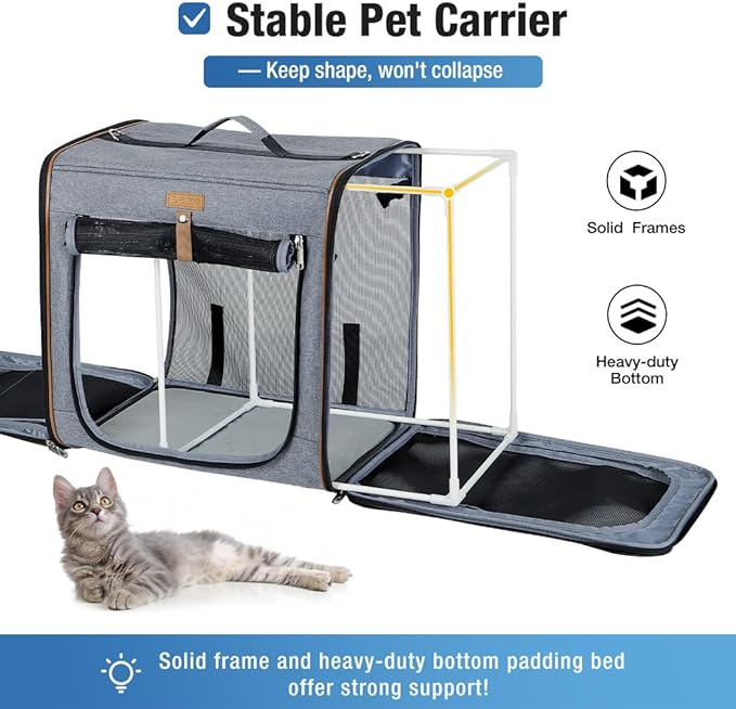 Lekereise 2-in-1 Cat, Dog Carrier for Small Medium Large Pets up to 35 Lbs, (17.7"*2)*16.5"*13" Car Travel Carrier with Litter Box, Bowl, and Locking Zipper - Dark Gray