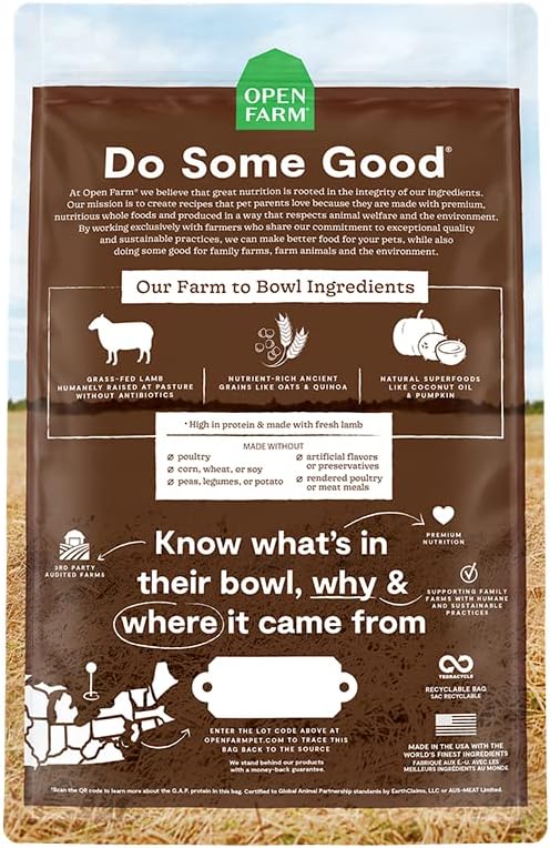 Open Farm Ancient Grains Dry Dog Food, Humanely Raised Meat Recipe with Wholesome Grains and No Artificial Flavors or Preservatives (Pasture Raised Lamb Ancient Grain, 11 Pound (Pack of 1))