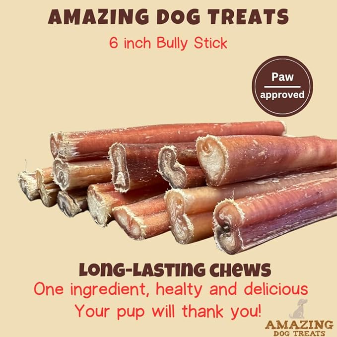 Amazing Dog Treats - 6 inch Bully Sticks Medium Size (40 Pcs/Pack) - Bully Stick Dog Chews - Long Lasting Bully Sticks for Small to Medium Dogs - Large Bully Stick Dog Bones - No Hide Dog Bones