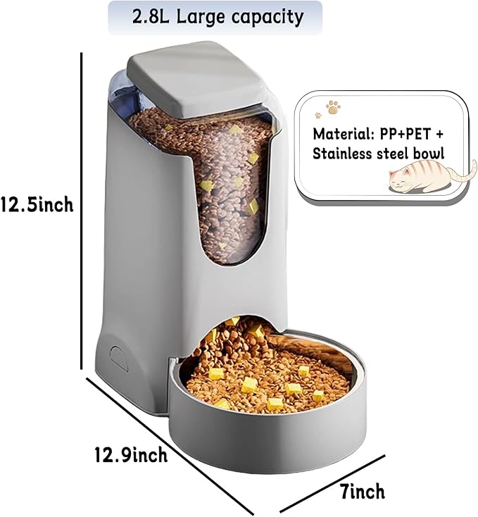 Hamiledyi Gravity Dog Feeder 2.8L Pets Automatic Food Dispenser with Stainless Steel Bowl for Puppy Cat Rabbit Large capacity (Light grey)