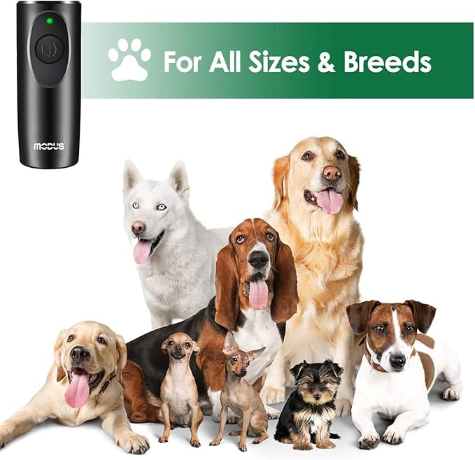 MODUS Ultrasonic Dog Barking Deterrent Device, Anti-Barking Device for Dogs, Bark Control Range of 16.4Ft, Dog Trainer, Wrist Strap, Battery Included, LED Indicate, Indoor and Outdoor