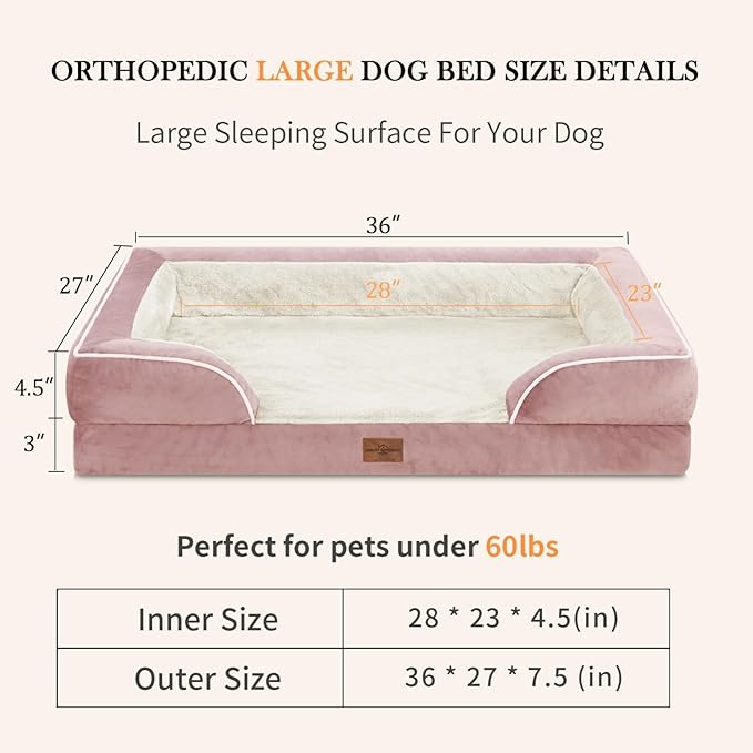 Large Dog Beds Waterproof Orthopedic Foam Dog Beds for Large Dogs Sofa Comfy Pet Bed with Non-Slip Bottom & Washable Removable Cover(Large,Pink)