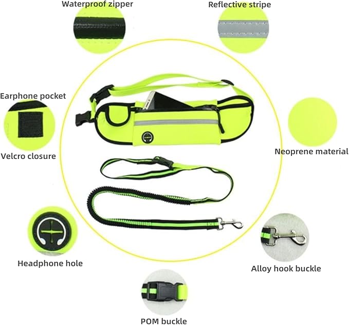 Hands Free Dog Leash with Pouch,Adjustable Waist Belt Fanny Pack Dual-Handle Reflective Bungee Leash for Medium to Large Dogs for Running Walking Training Jogging,Fluorescent