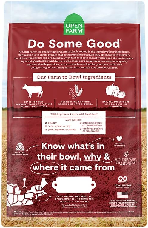 Open Farm Ancient Grains Dry Dog Food, Humanely Raised Meat Recipe with Wholesome Grains and No Artificial Flavors or Preservatives (Grass-Fed Beef Ancient Grain, 22 Pound (Pack of 1))
