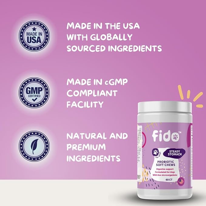 Fido Steady Stomach Probiotic Soft Chews, Chicken Flavor, 60 Chews | Organic Digestive Supplements | Supports Gut Health & Sensitive Stomachs | Veterinarian Approved for All Life Stages