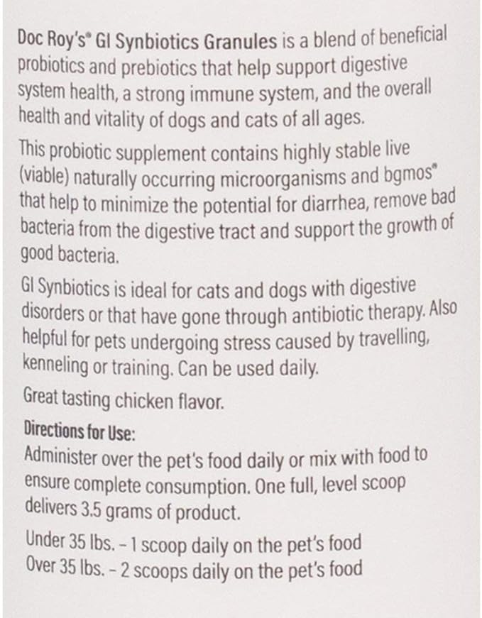 Doc Roy's GI Synbiotics- Probiotic & Prebiotic Supplement - for Dogs and Cats- 454 gm Granules