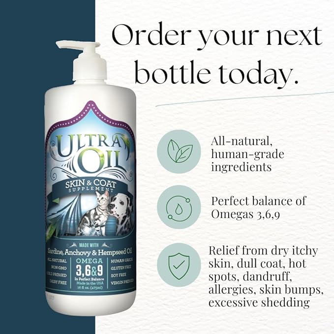 Ultra Oil Skin and Coat Supplement for Dogs and Cats with Hemp Seed Oil, Flaxseed Oil, Grape Seed Oil, Fish Oil for Relief from Dry Itchy Skin, Dull Coat, Hot Spots, Dandruff, and Allergies 128 Ounce