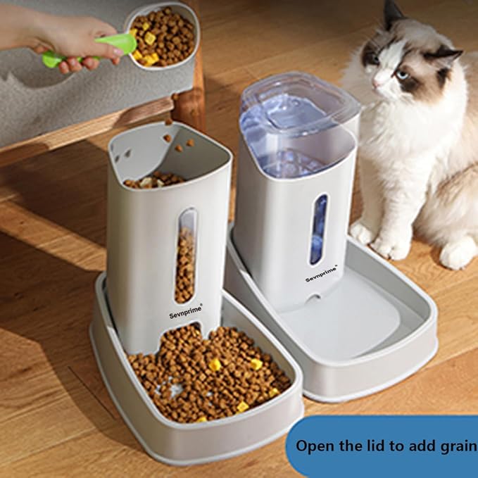 2PCS Cat Dog Feeder and Waterer Self-Dispensing Gray 3.8L Pets Automatic Feeder and Waterer Dispensing Set 12.8in x 7.87in x 12.2in Feeder and Water Bowl for Small Medium Pets