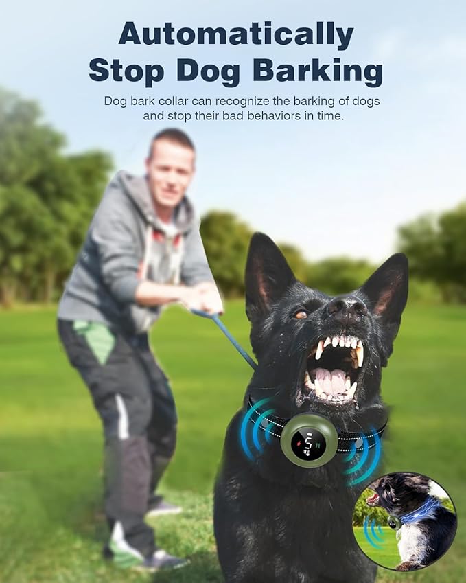 2-in-1 Dog Shock Collar & Dog Bark Collar - Smart Anti Barking Dog Training Collar with 5 Adjustable Sensitivity & 3300FT Remote for All Breeds IP67 Waterproof Rechargeable E-Collar (Green)