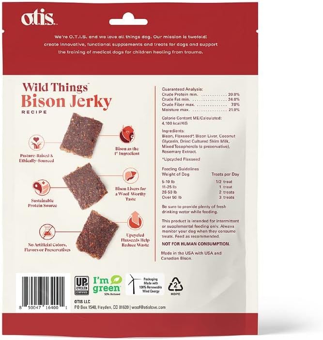 OTIS Bison Jerky for Dogs | Protein Packed, Pasture-Raised, Grass-Fed Bison Jerky Dog Treats Healthy Dog Treats - Wild Things | 4 Ounce Bag