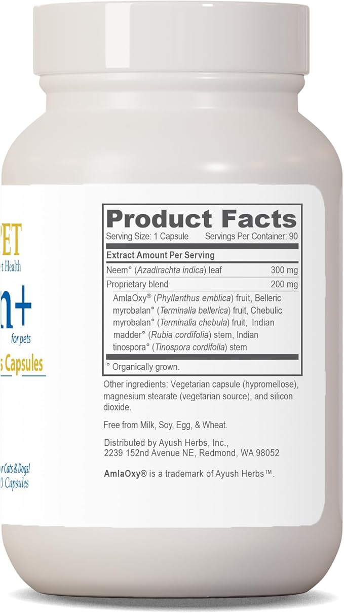 Ayush Pet Skin Plus, Neem Supplement for Healthy Skin and Coat, Supports Gut and Immunity, 90 Capsules
