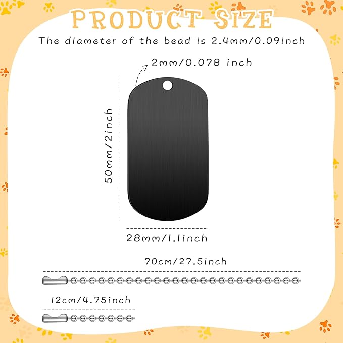 20 Pieces Military Dog Tags Set Including 10 Stainless Steel Army Blank Dog Tag 10 Steel Chain Personalized Pets Tags Oval Pendant Necklace for Stamping Engraving DIY Craft(Black)