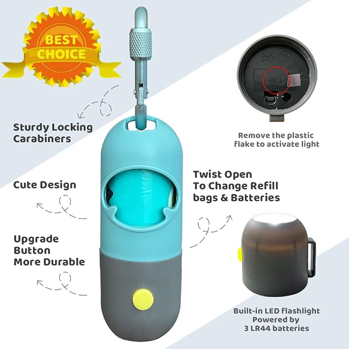 Dog Poop Bag Dispenser with Built-in LED Flashlight and Metal Clip for Leash, Pet Waste Bag Holder, Dog Walking Accessory, Crystal Blue