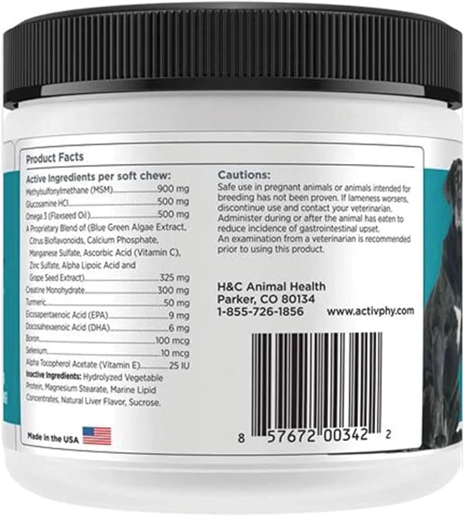 Hip + Joint Supplement with Glucosamine, MSM, Omega 3s, and Turmeric, Normal Inflammatory Response, Antioxidants, Made in USA, For Dogs , 75 ct