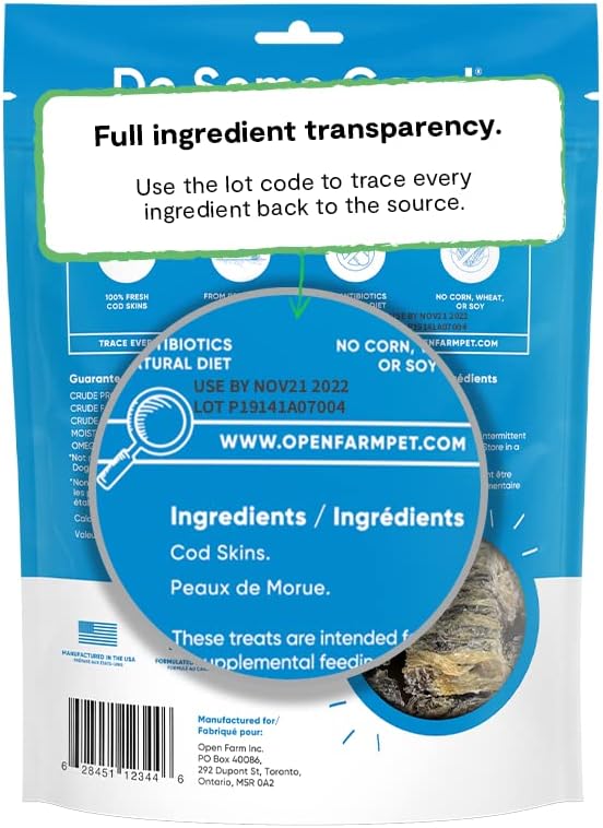 Open Farm Dehydrated Cod Skin Grain-Free Dog Treats, One-Ingredient Gently Cooked Pacific Fish Recipe with No Artificial Flavors or Preservatives, 2.25 oz