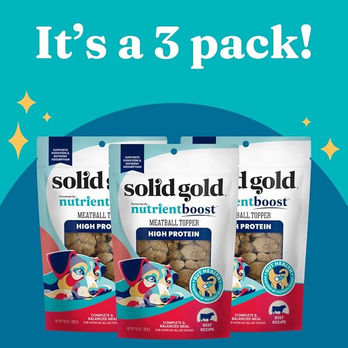 Solid Gold Food Toppers for Picky Dogs - Real Beef Meatball Topper - 3 Pack Healthy Dog Treats - High Protein Soft Dog Treats to Serve w/Dry Dog Food or Wet Dog Food or as Dog Snacks