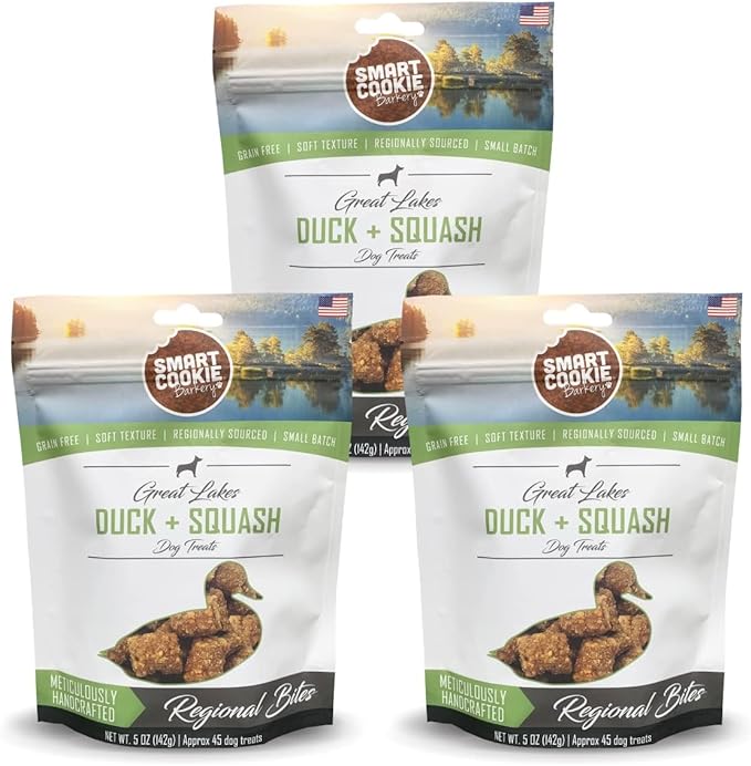 All Natural Dog Treats - Duck & Squash - Training Treats for Dogs & Puppies with Allergies, Sensitive Stomachs - Soft Dog Treats, Chewy, Grain Free, Made in USA - 5oz, Pack of 3
