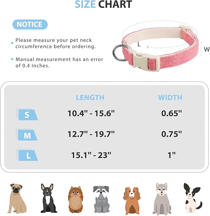 Dog Collar with QR Code ID Tag, Heavy Duty Dog Collars Cotton Hemp Durable Comfortable Padded, Personalized Lost and Found Name Tags, Fits for Small Medium Large Dogs (Pink,M)