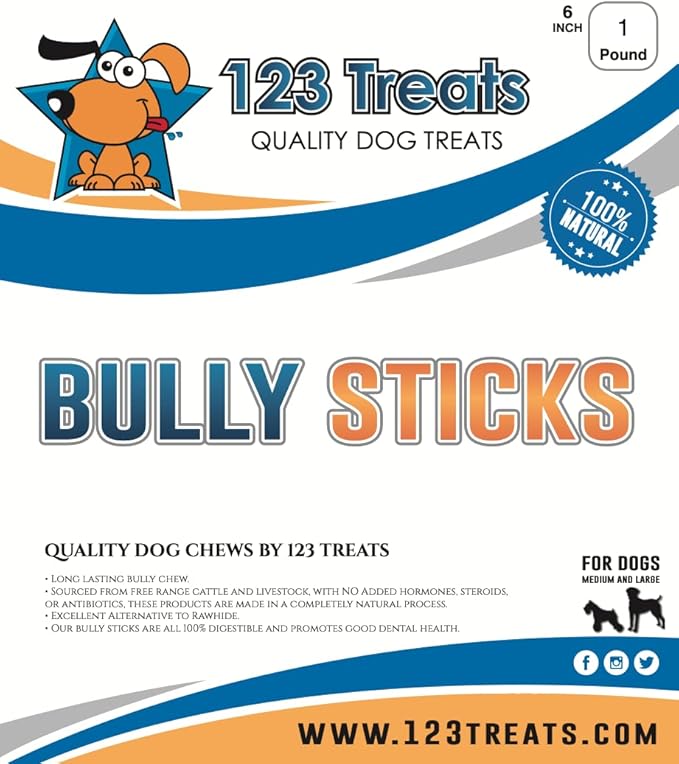 6 Inch Bully Sticks for Dogs (1 Pound Bag) 100% Natural Chews for Dogs & Puppies - Grass-Fed Free-Range Premium Beef Dog Chews - Bulk Dog Sticks Chew Dental Treats