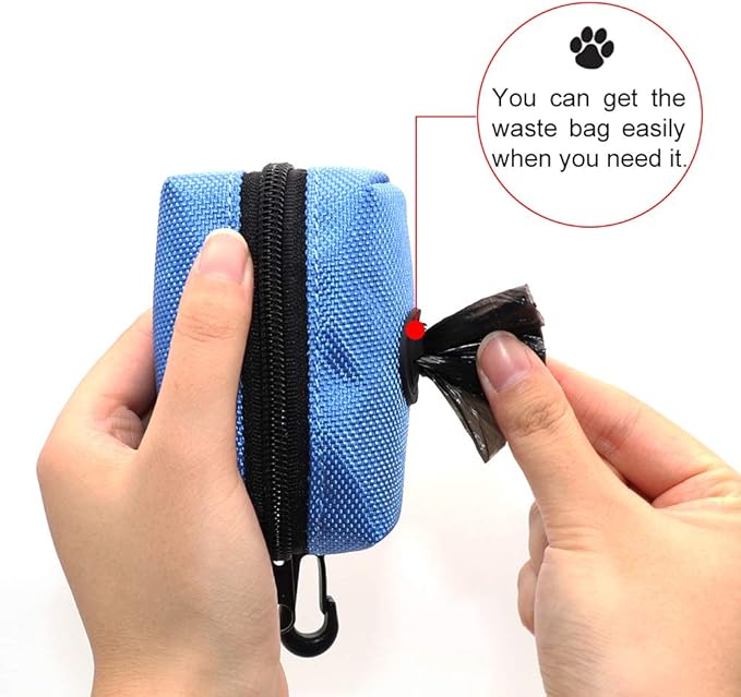 SLSON Pet Waste Bag Dispenser Zippered Pouch,Portable Dog Poop Bag Holder Leash Attachment Lightweight Fabric Bags (Blue)