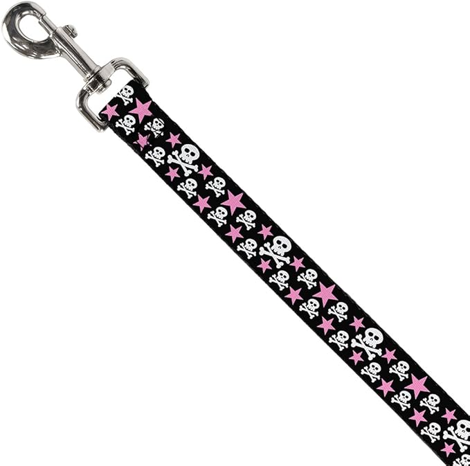 Buckle-Down Dog Leash Skulls Stars Black White Pink Available In Different Lengths And Widths For Small Medium Large Dogs and Cats, 4 Feet Long - 1/2" Wide