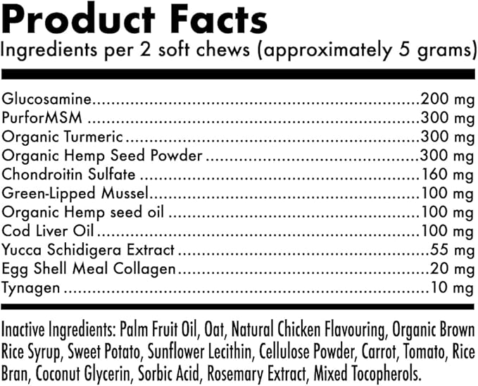 Hemp Hip & Joint Supplement for Dogs 120 Soft Chews Made in USA Functional Glucosamine for Dogs Chondroitin MSM Turmeric Hemp Seed Oil Natural Pain Relief Mobility Advanced Joint Health For All Breeds