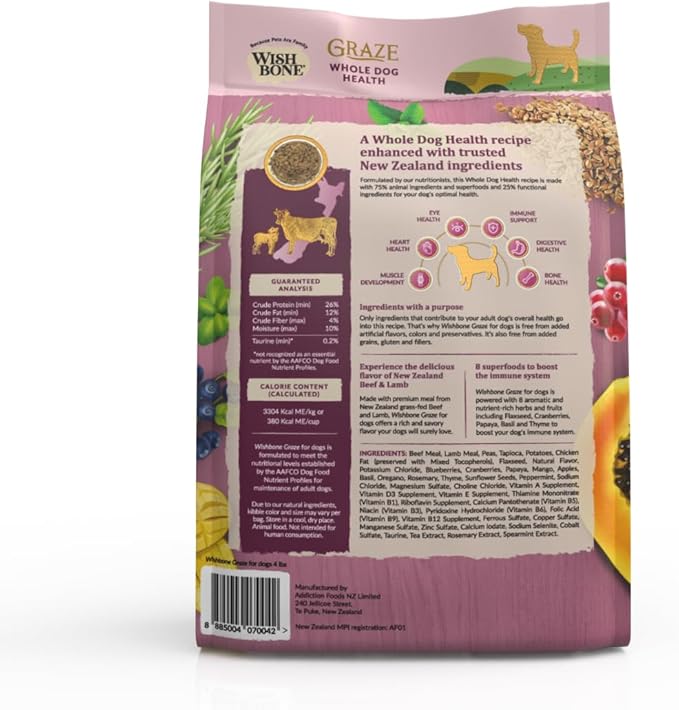 Wishbone Graze New Zealand Beef and Lamb Dry Dog Food, Gluten-Free, Grain-Free Formula for Overall Pet Health - 4 lb