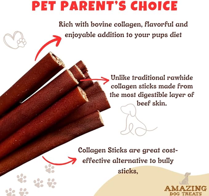 Amazing Dog Treats - 6 Inch Bulk Collagen Sticks for Dogs - (100 Count) - Collagen Bully Sticks for Dogs - 95% Natural Collagen Sticks for Dogs - No Hide Bones for Dogs
